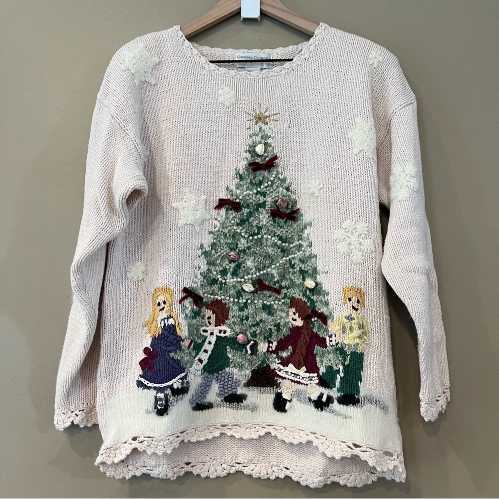 Casual Corner Holiday Sweater with Tree and Children